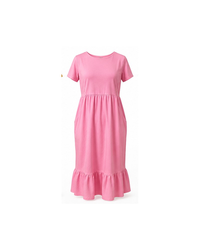 The Homestead Dress in pink, with a feminine tiered silhouette
